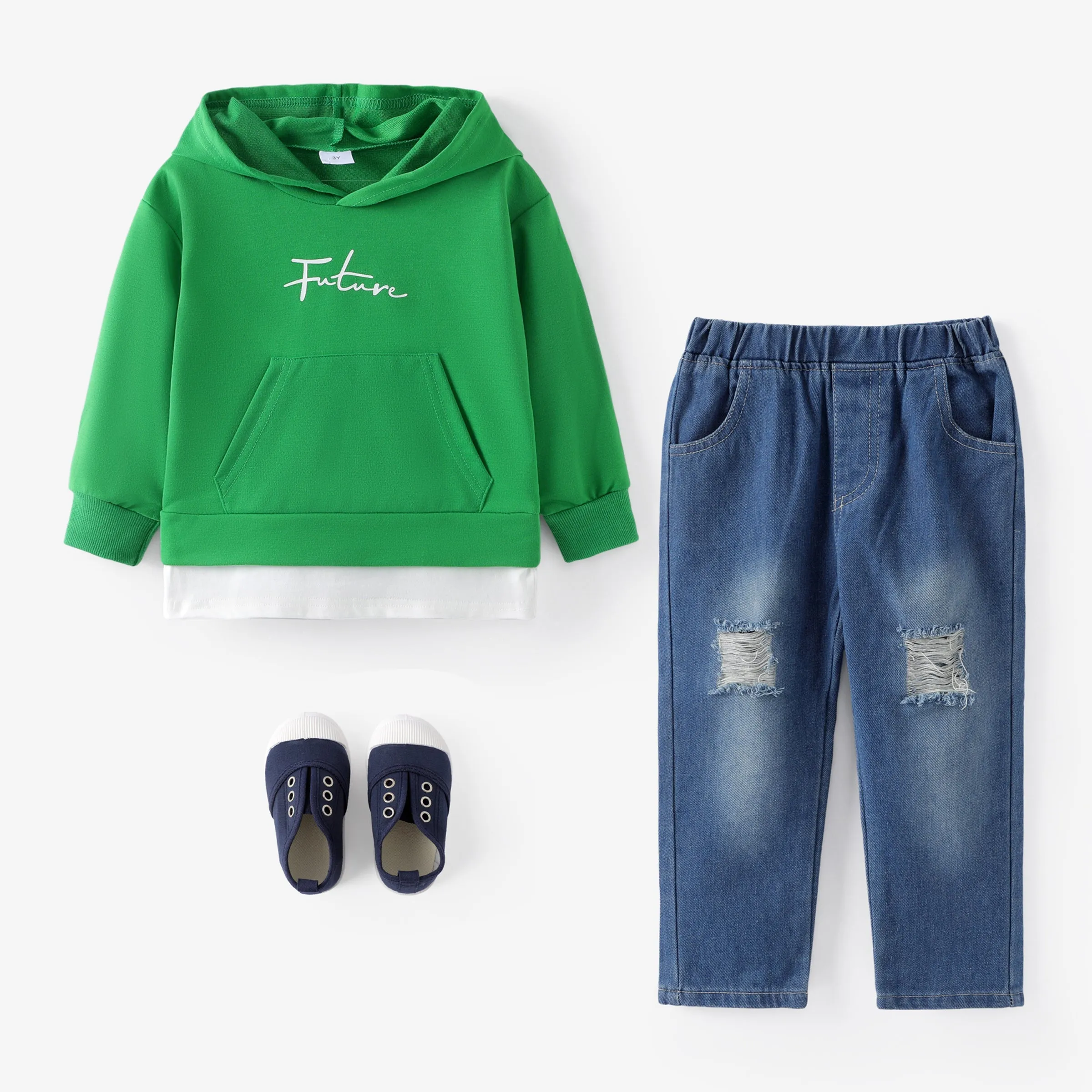 2pcs Toddler Boy Trendy Ripped Denim Jeans and Faux-two Hoodie Sweatshirt Set