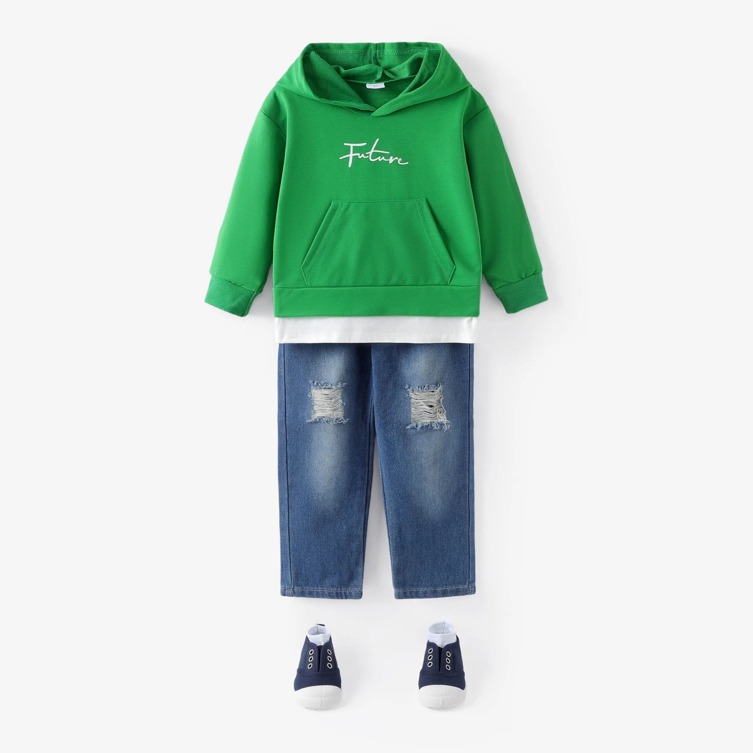 2pcs Toddler Boy Trendy Ripped Denim Jeans and Faux-two Hoodie Sweatshirt Set