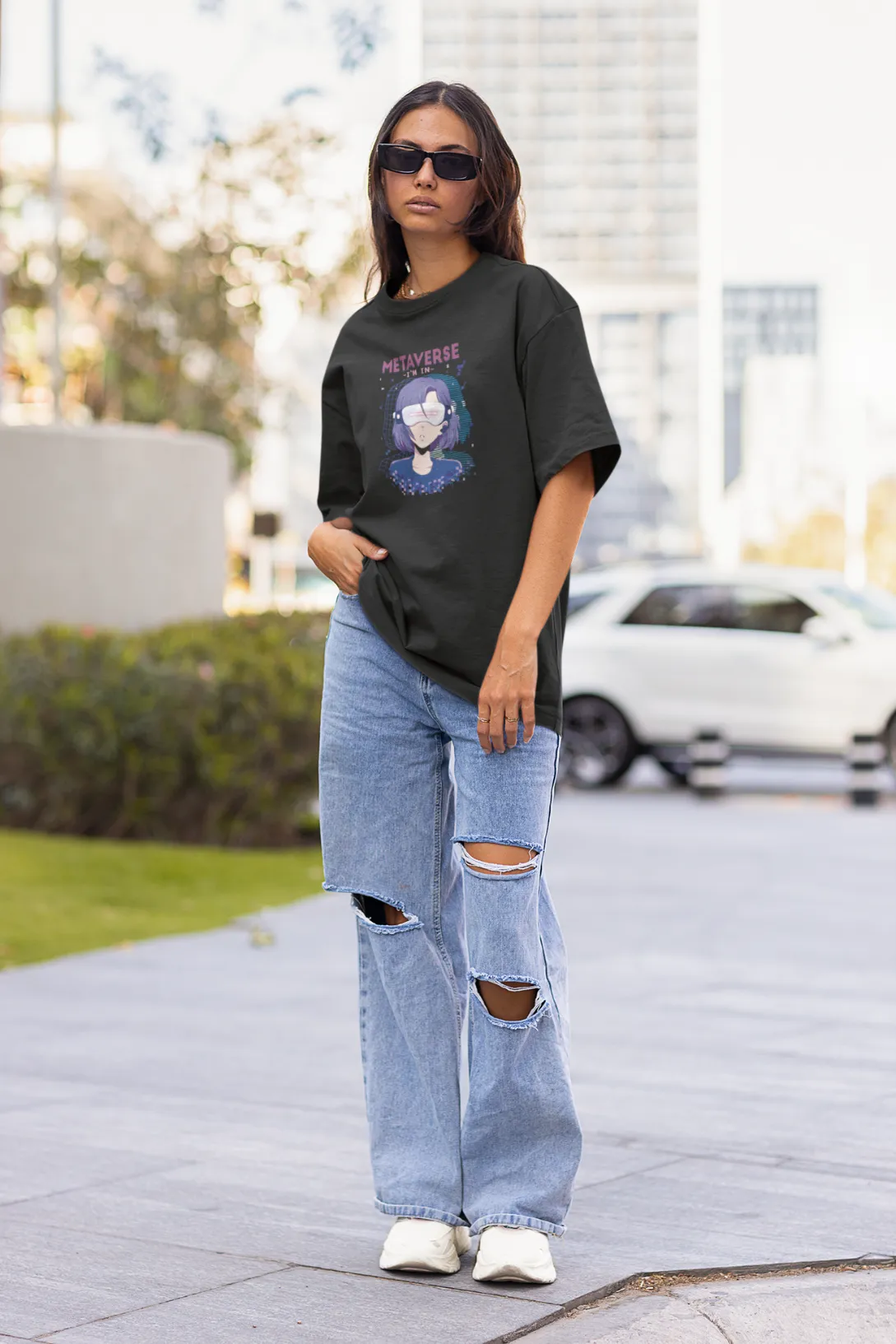 Anime Girl Virtual Reality Printed Oversized T-shirt for women