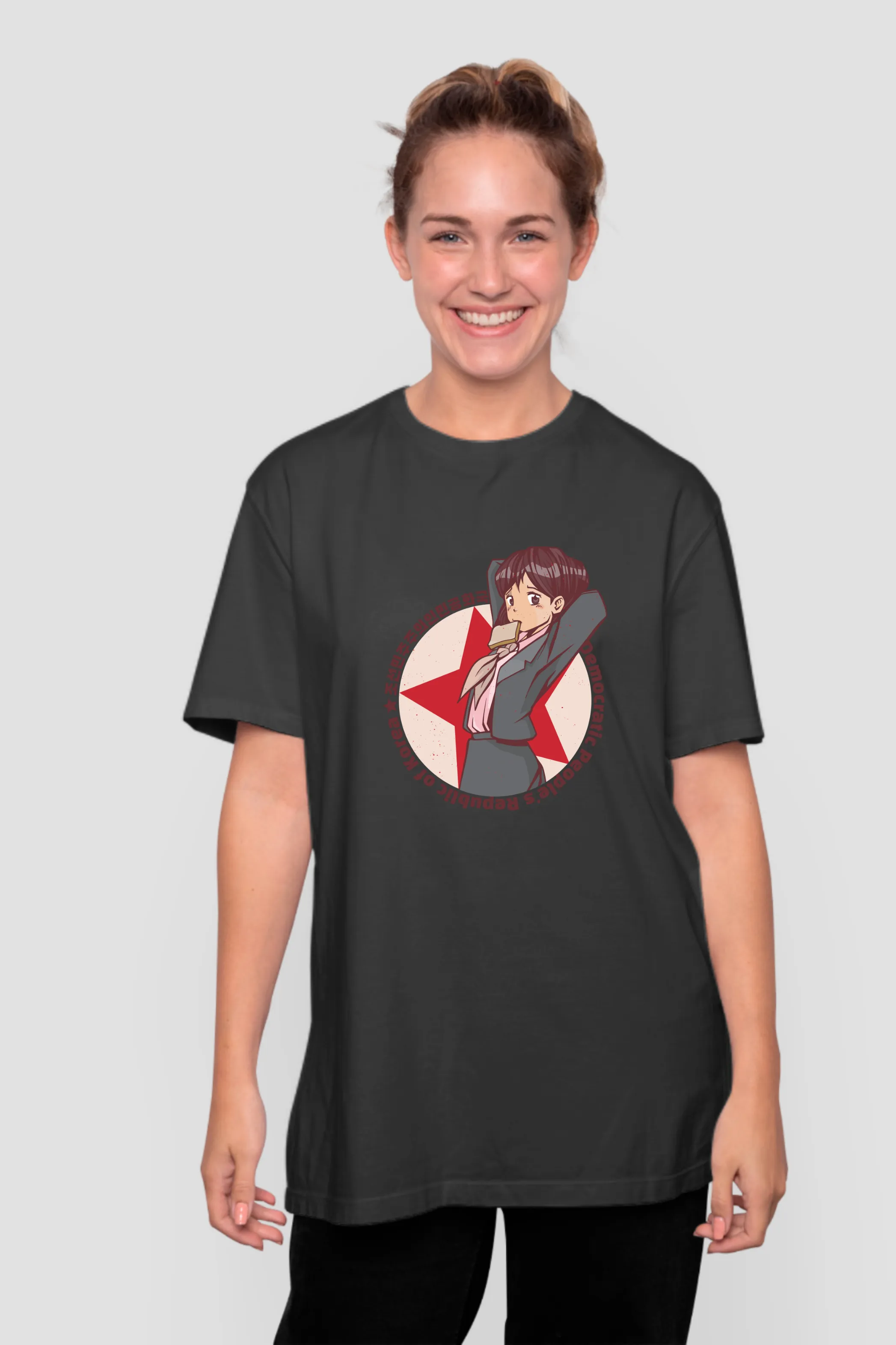 Anime North Korean Girl Black Printed Oversized T-shirt for women