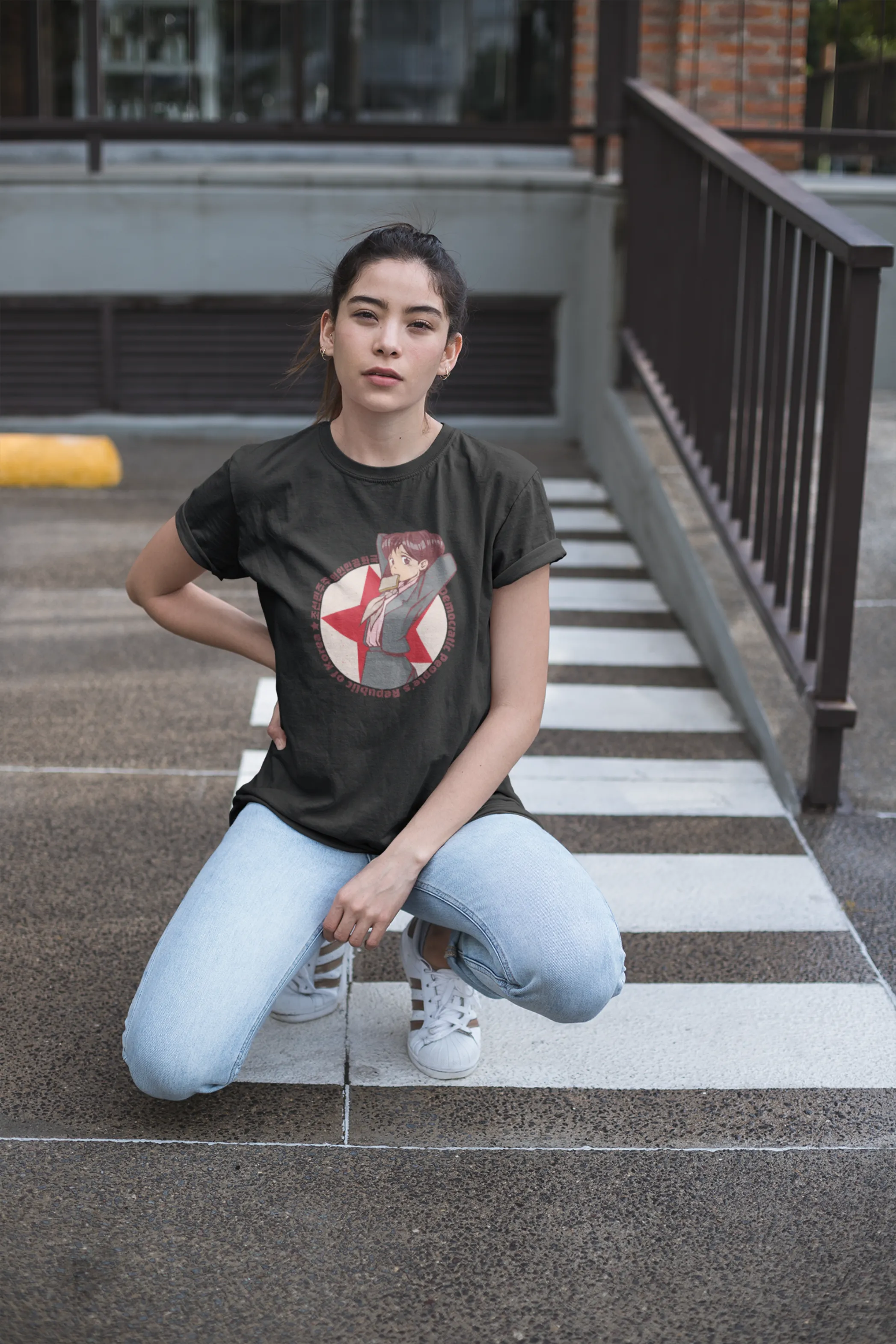Anime North Korean Girl Black Printed Oversized T-shirt for women