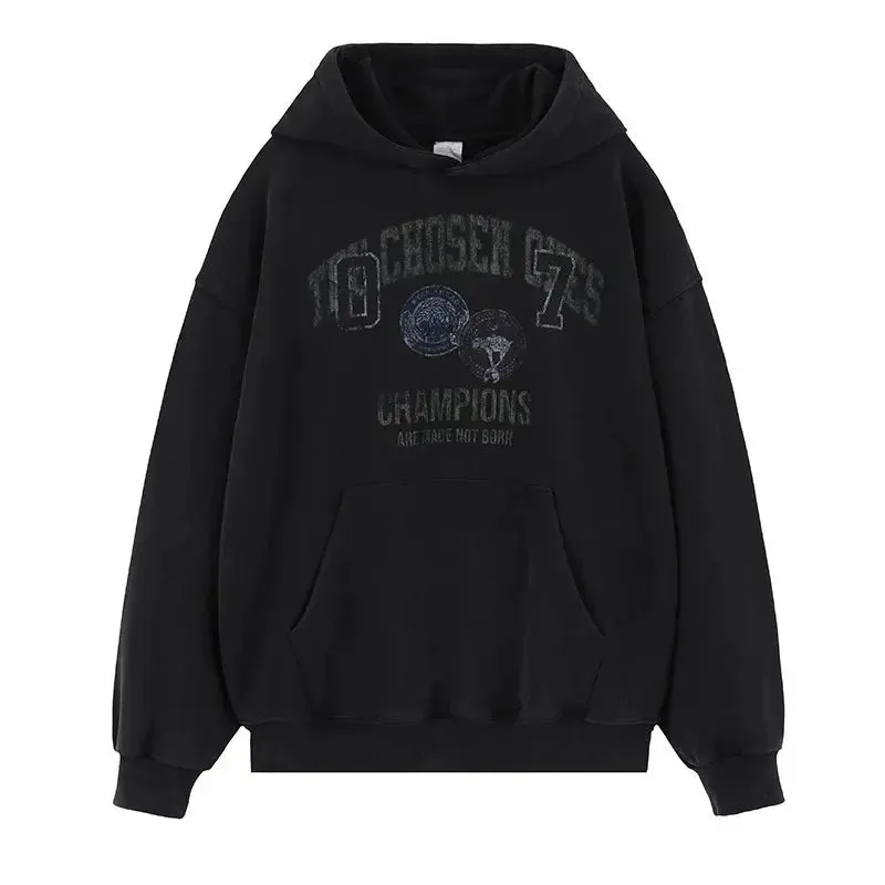 Black Washed Grunge Sports Graphic Hoodie