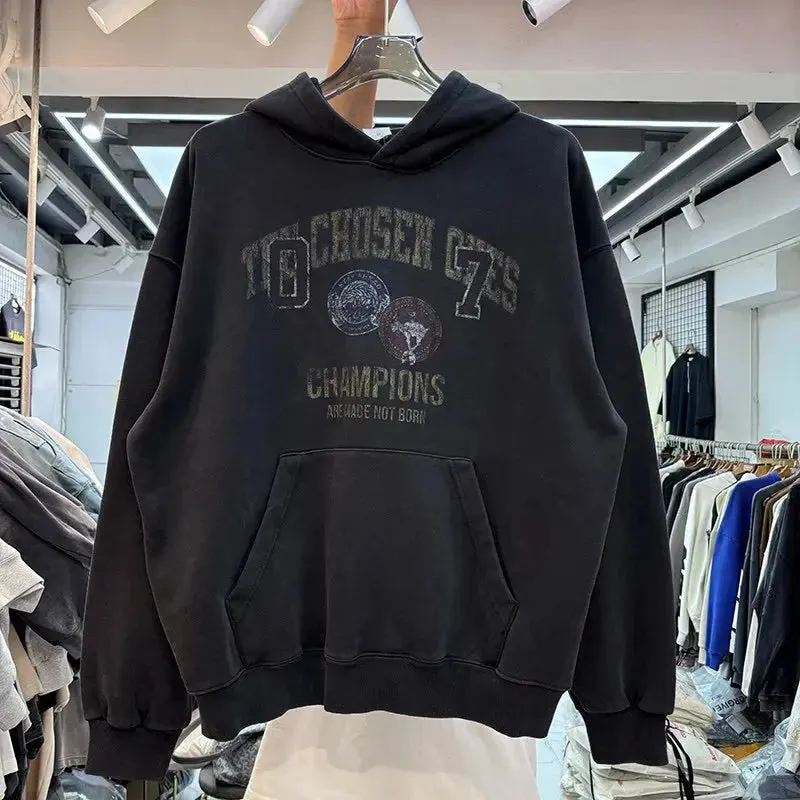 Black Washed Grunge Sports Graphic Hoodie