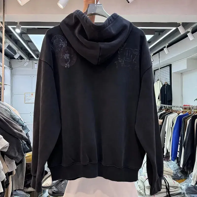 Black Washed Grunge Sports Graphic Hoodie