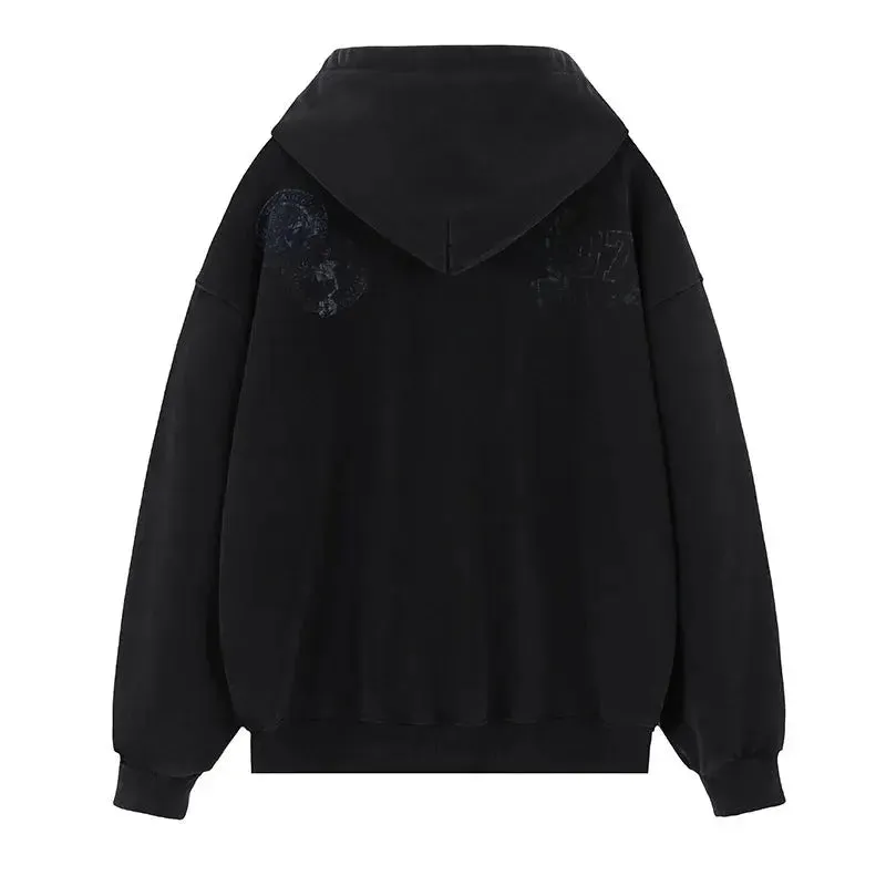 Black Washed Grunge Sports Graphic Hoodie