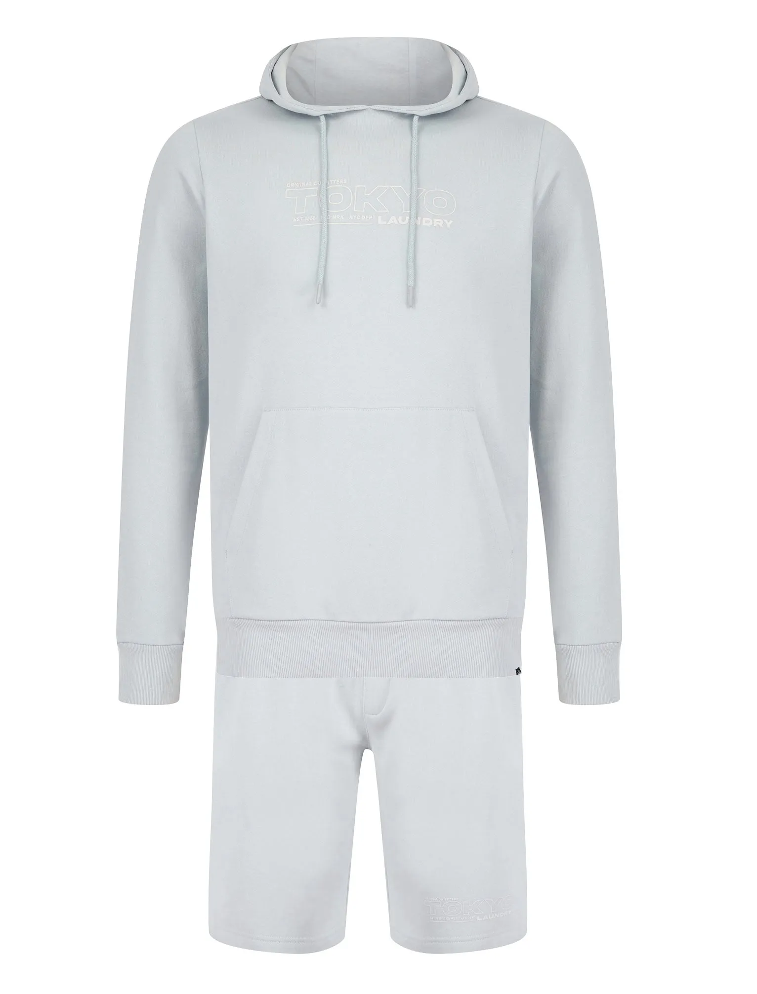 Brody Motif Brushback Fleece Pullover Hoodie and Jogger Shorts Set in Pale Blue - Tokyo Laundry