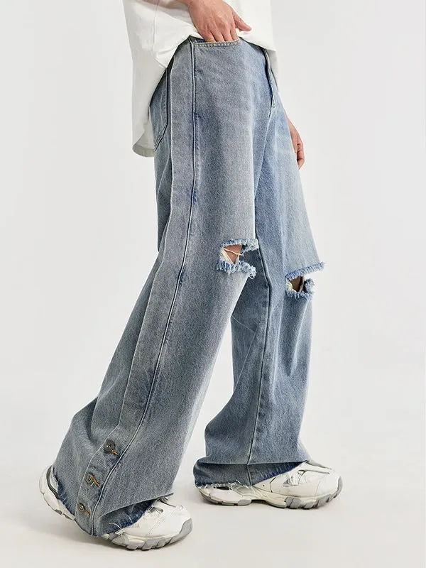 Distressed Washed Ripped Side Wide Leg Jeans