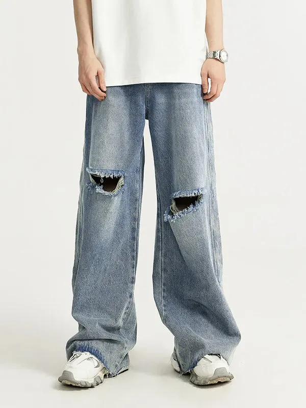 Distressed Washed Ripped Side Wide Leg Jeans