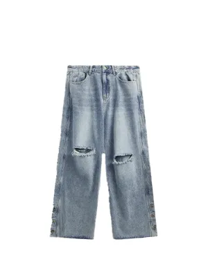 Distressed Washed Ripped Side Wide Leg Jeans