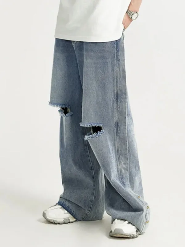 Distressed Washed Ripped Side Wide Leg Jeans