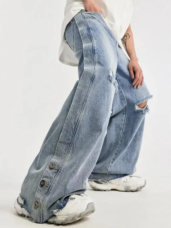 Distressed Washed Ripped Side Wide Leg Jeans