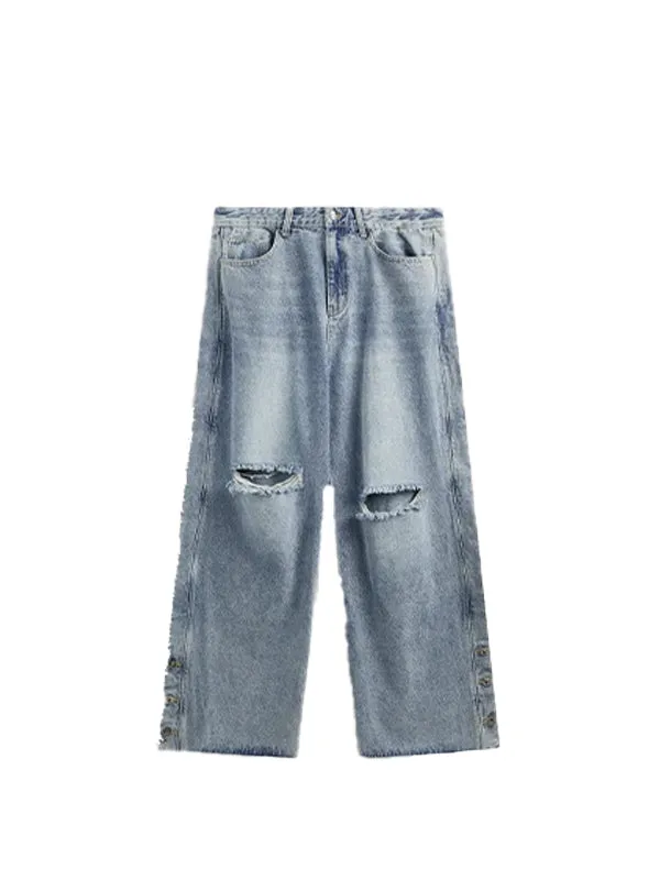 Distressed Washed Ripped Side Wide Leg Jeans