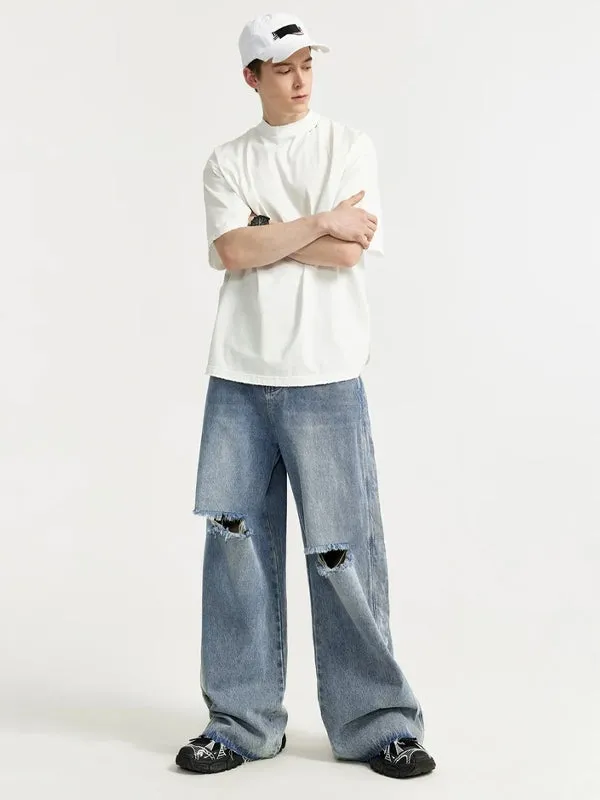 Distressed Washed Ripped Side Wide Leg Jeans