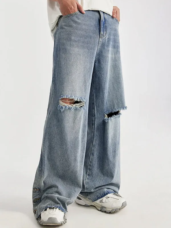 Distressed Washed Ripped Side Wide Leg Jeans