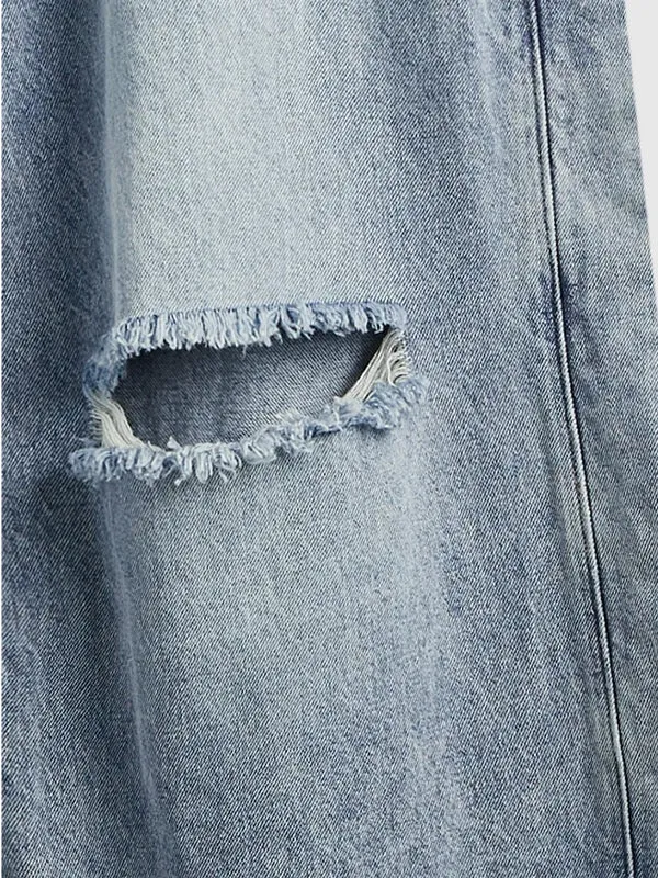Distressed Washed Ripped Side Wide Leg Jeans