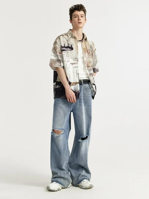 Distressed Washed Ripped Side Wide Leg Jeans
