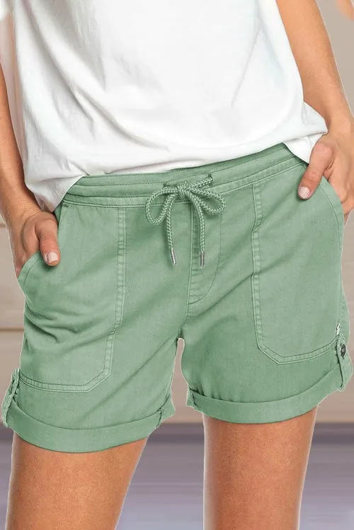 Elastic Waistband Pocket Drawstring Shorts with Button