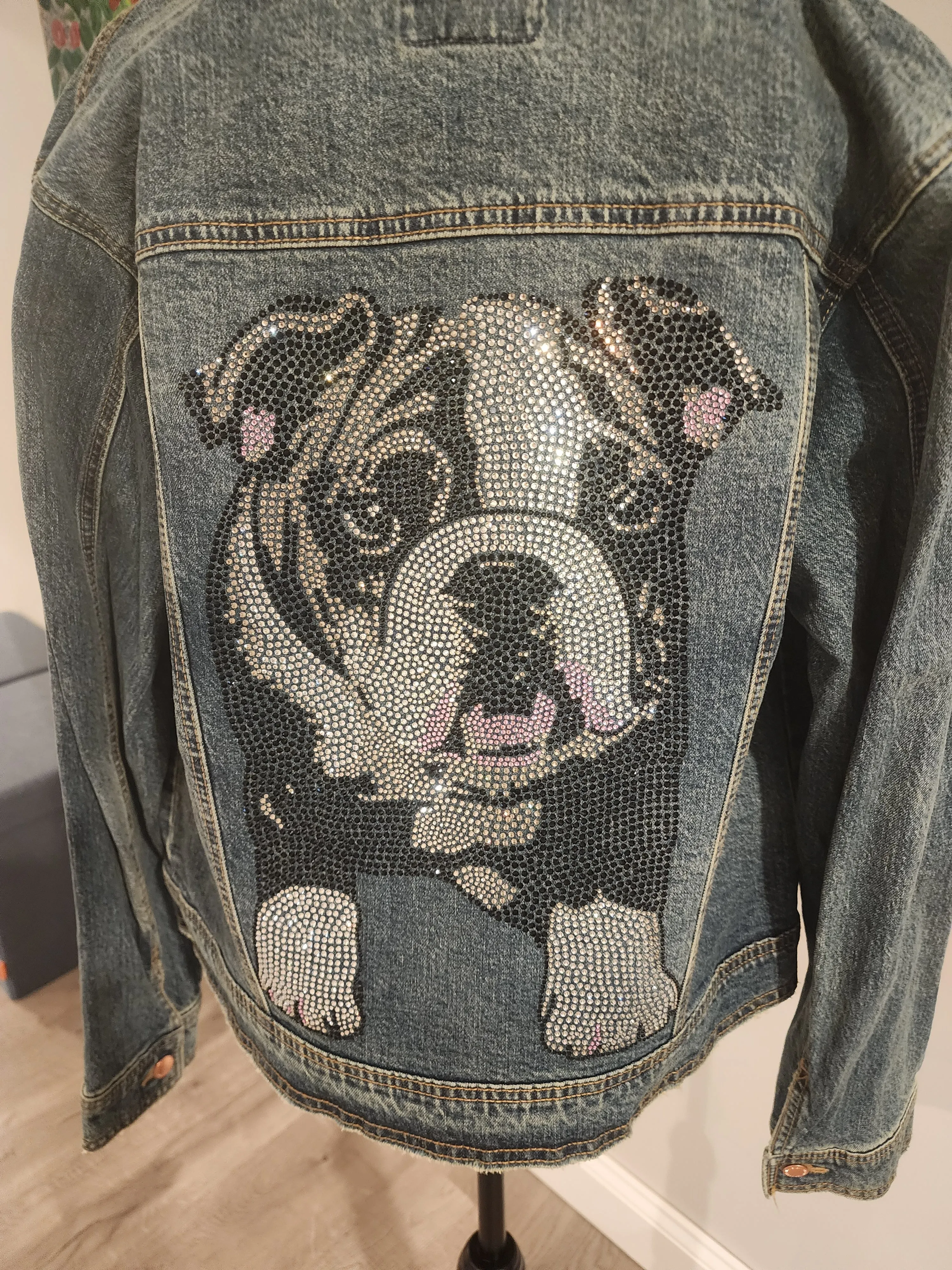 English Bulldog (Black & White) Rhinestone Denim Jacket