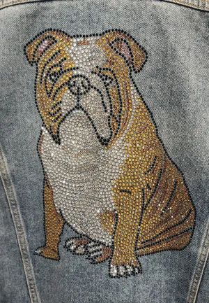 English Bulldog (Brown & White) Sitting Rhinestone Denim Jacket