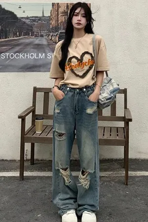 Flytonn-cute winter outfits casual winter outfits christmas outfit party look inspos High Waist Ripped Hole Long Jeans Pants