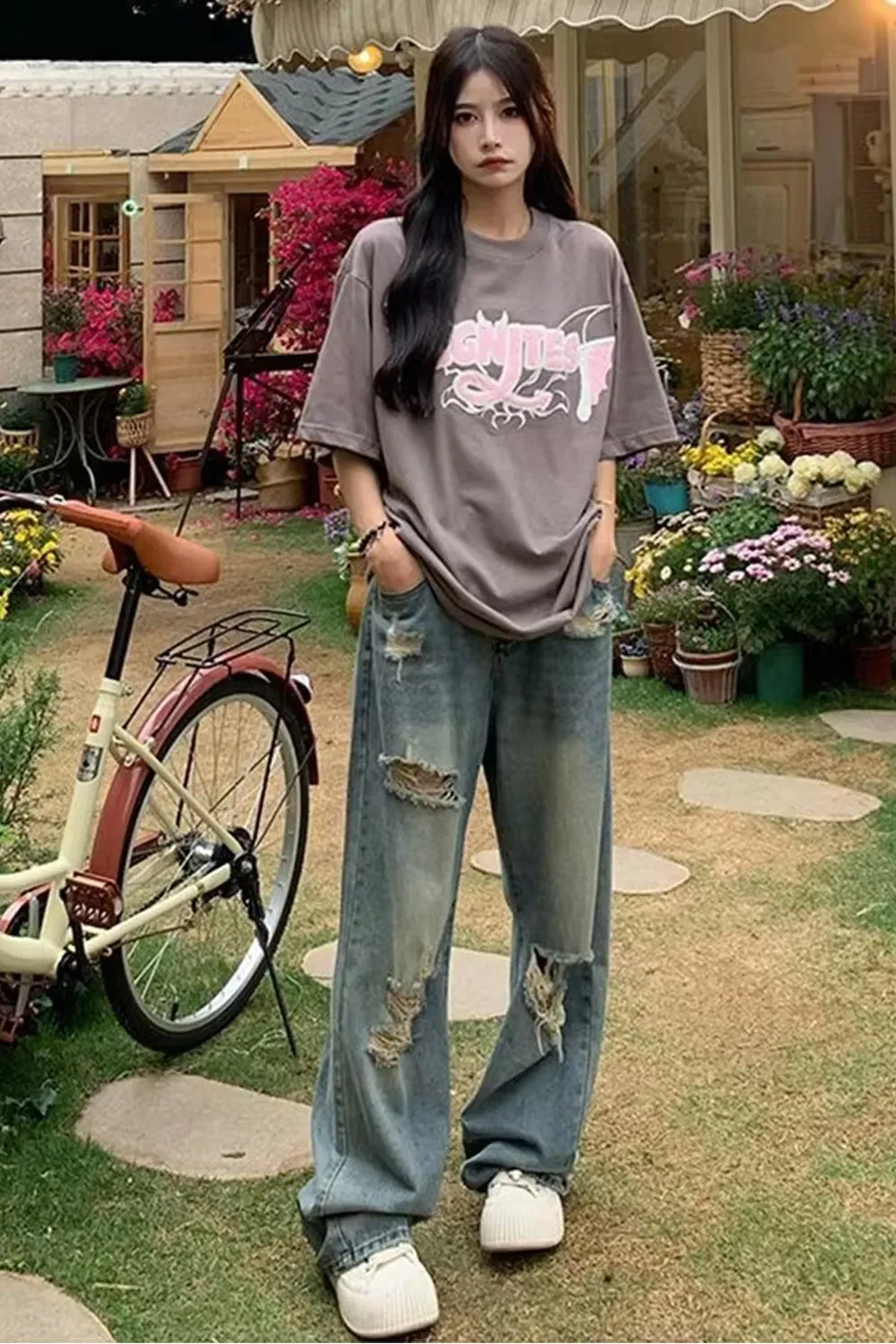 Flytonn-cute winter outfits casual winter outfits christmas outfit party look inspos High Waist Ripped Hole Long Jeans Pants