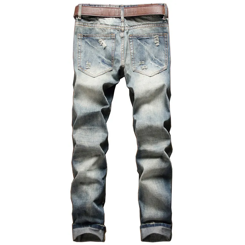 Frayed Men's Ripped Jeans Mid Waist Jeans Basic Straight Pants