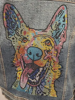 German Shepherd Colorful Rhinestone Denim Jacket