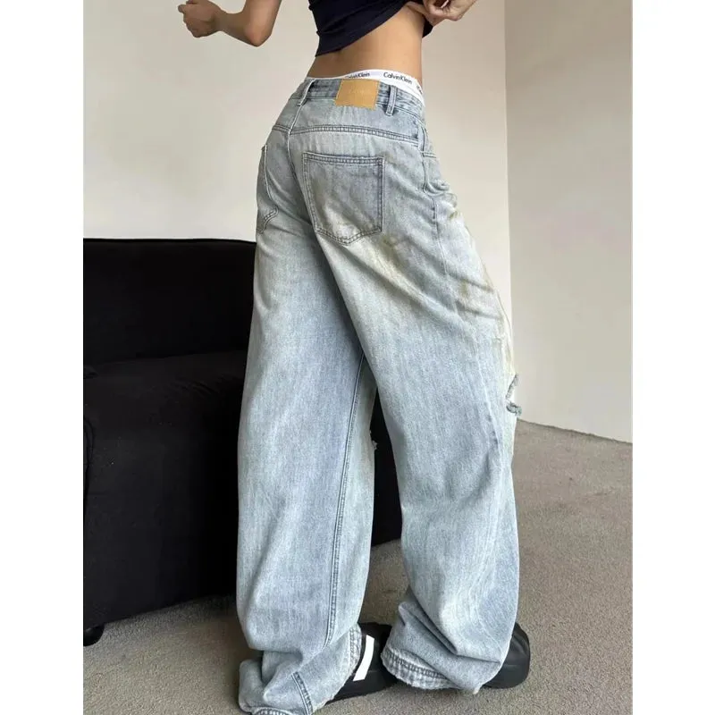 Girlary High Waist Ripped Women's Blue Jeans Hip-hop Style Fashion Vintage Streetwear Y2K Wide Leg Jean 2024 Trouser Baggy Denim Pants