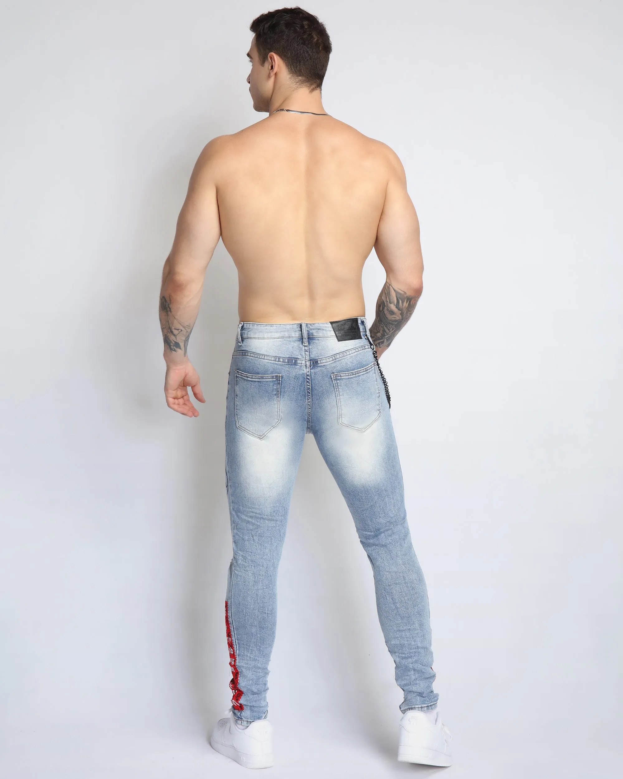 Graffiti Ripped Blue Jeans with Cashew Flower Elements-Mexico Local Delivery