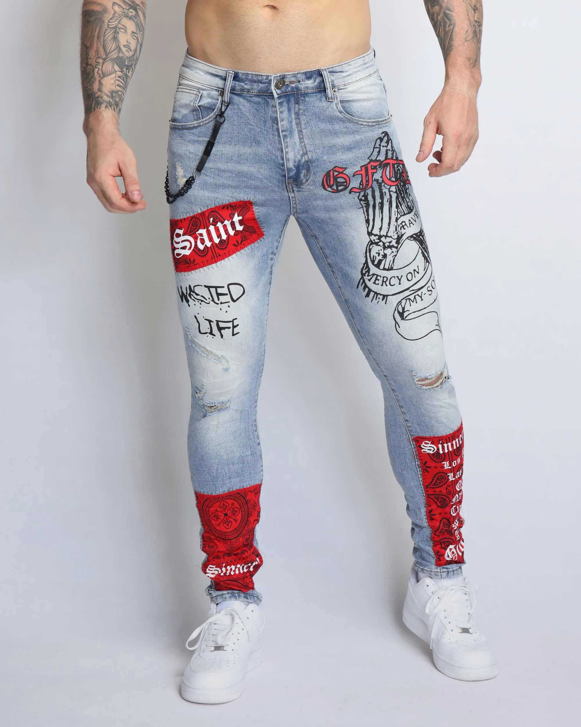 Graffiti Ripped Blue Jeans with Cashew Flower Elements-Mexico Local Delivery