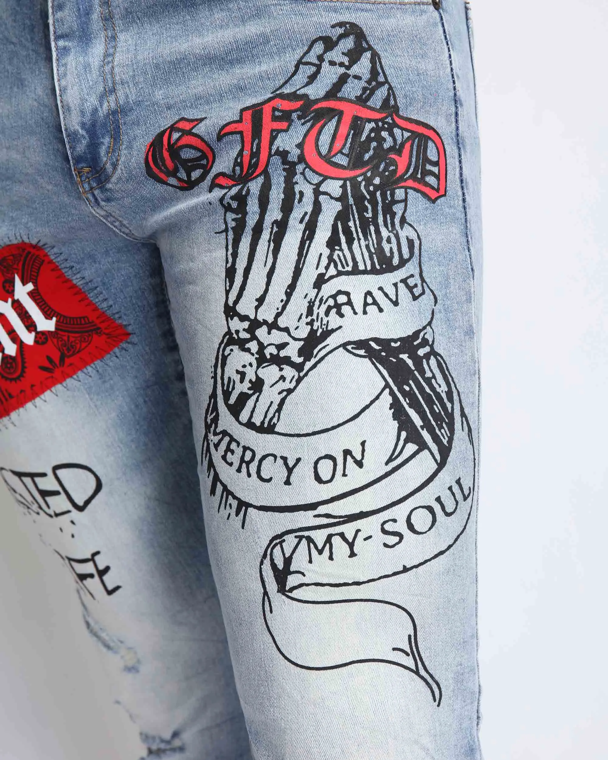 Graffiti Ripped Blue Jeans with Cashew Flower Elements-Mexico Local Delivery