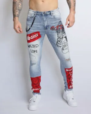 Graffiti Ripped Blue Jeans with Cashew Flower Elements-Mexico Local Delivery
