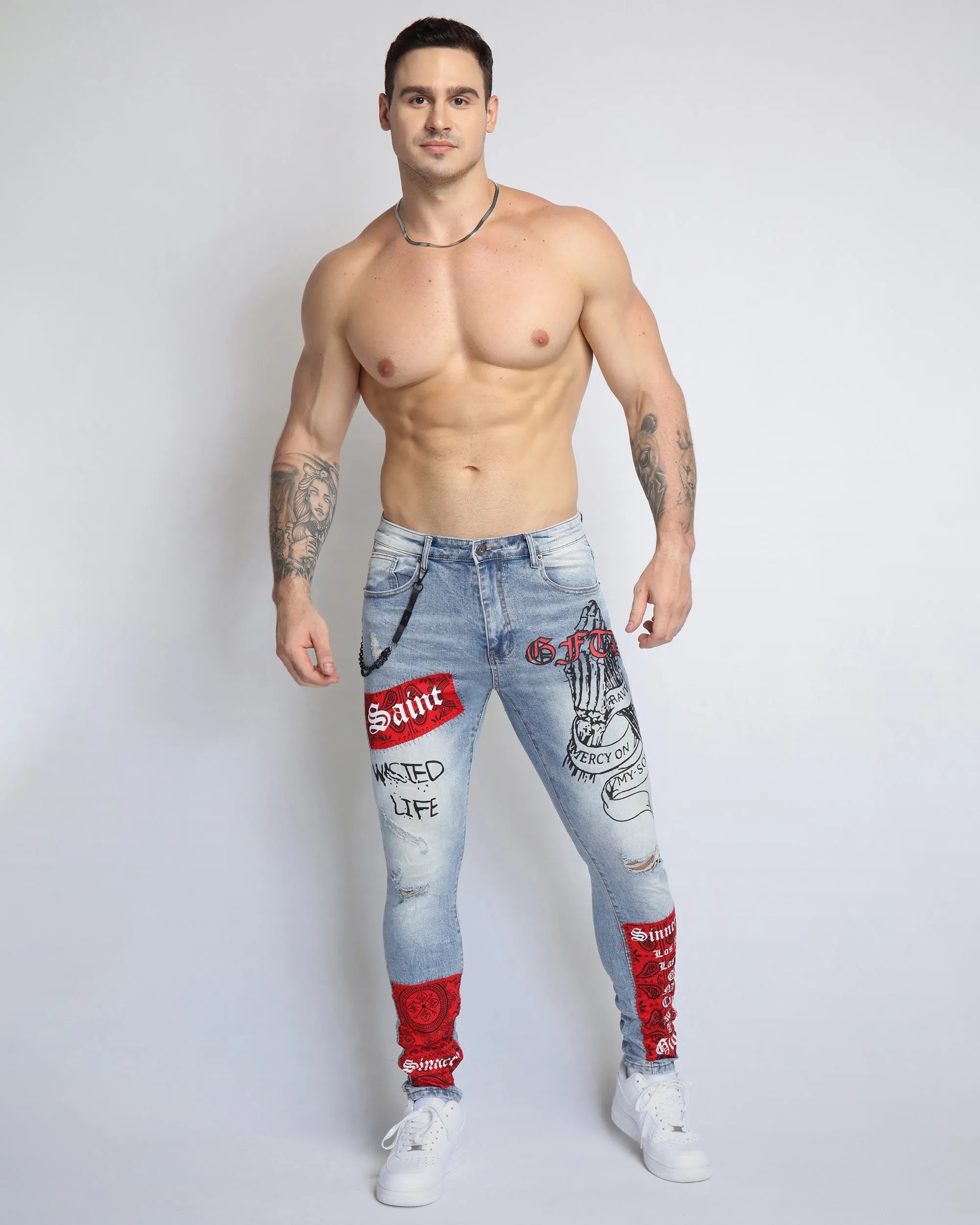 Graffiti Ripped Blue Jeans with Cashew Flower Elements-Mexico Local Delivery