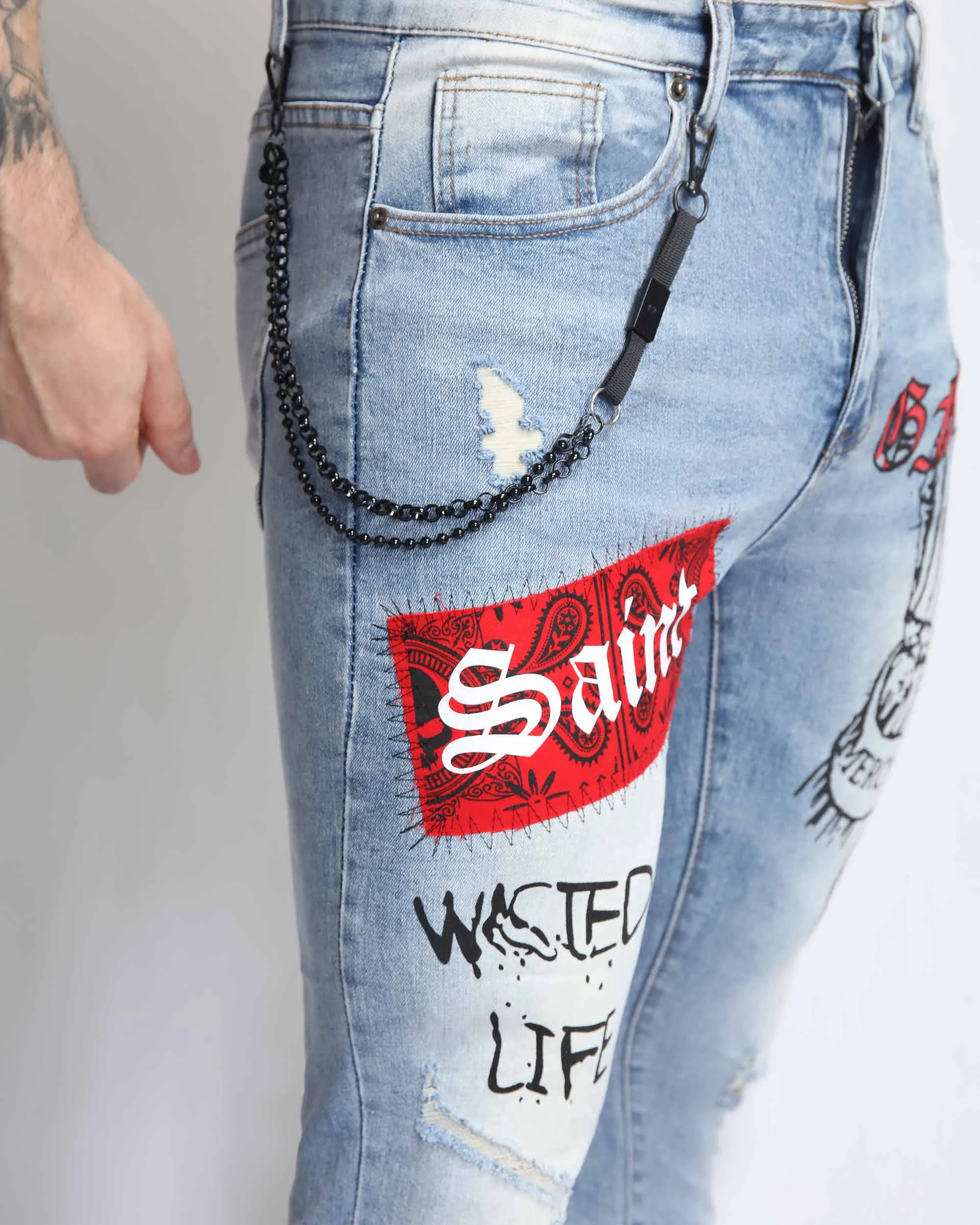 Graffiti Ripped Blue Jeans with Cashew Flower Elements-Mexico Local Delivery