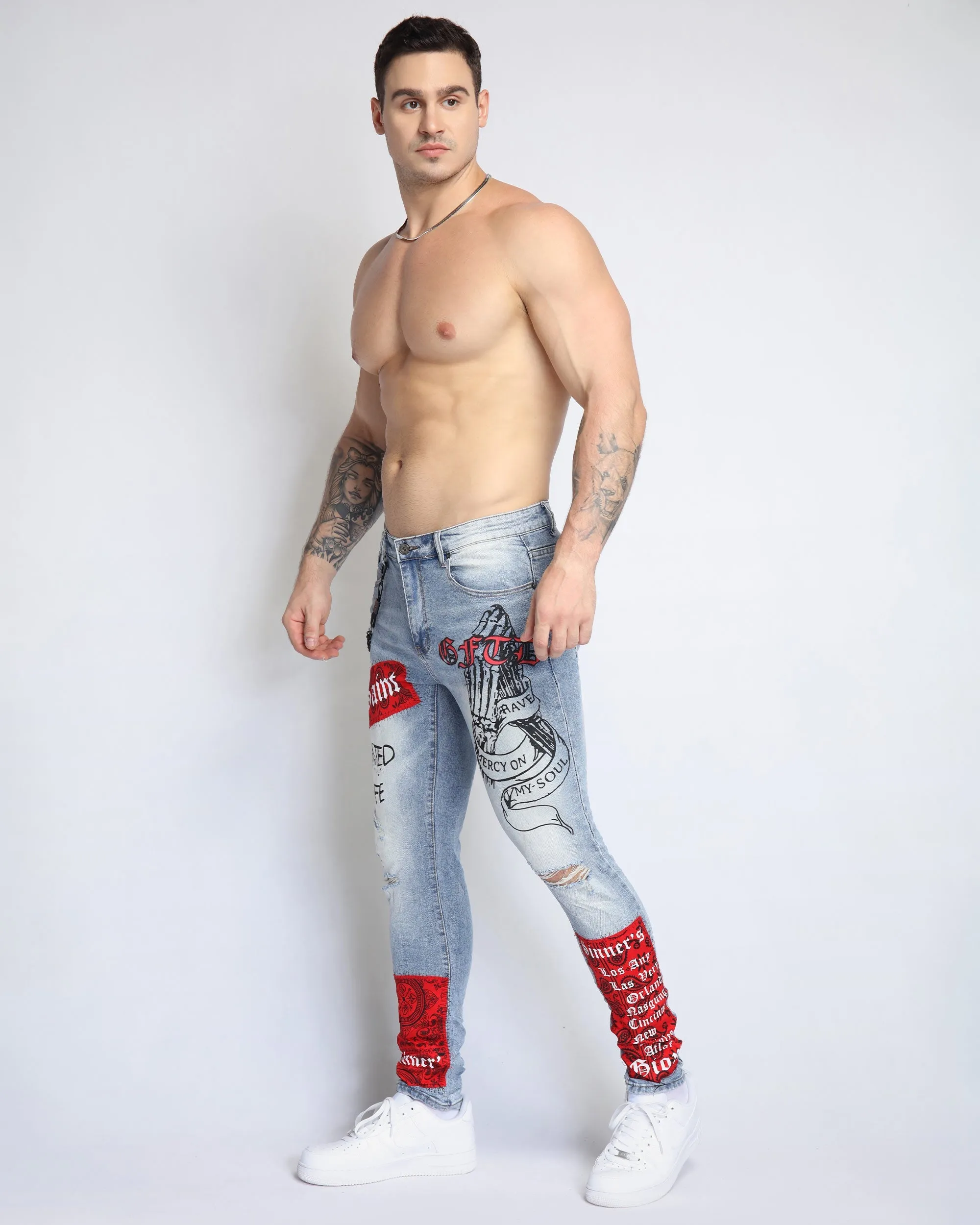 Graffiti Ripped Blue Jeans with Cashew Flower Elements-Mexico Local Delivery