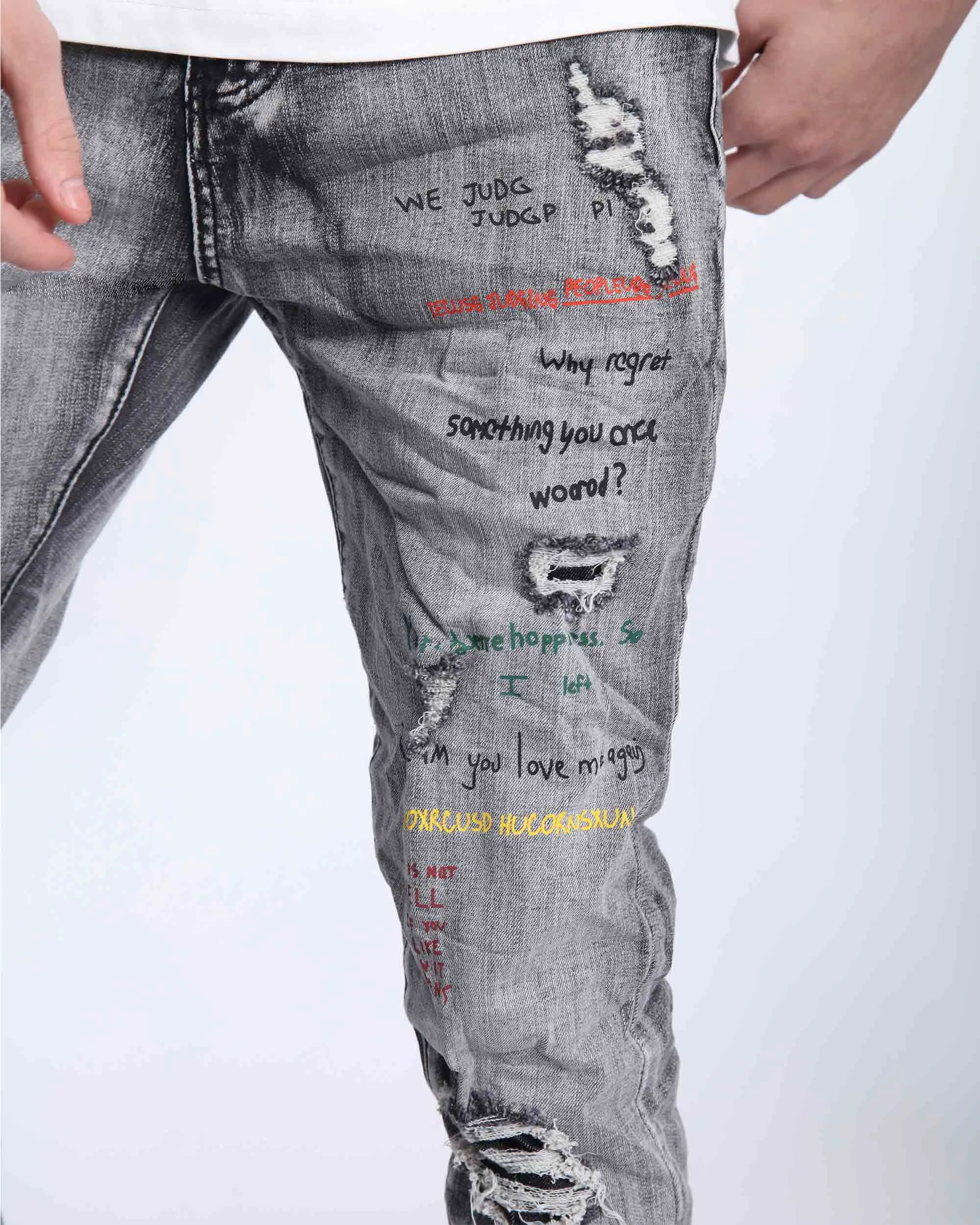 Gray Slim Fit Jeans with Graffiti Style Ripped Design