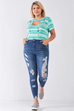 Junior Plus Size Medium Blue Denim Mid-Rise Raw Hem Detail Ripped Skinny Jeans /1-1-3-1
