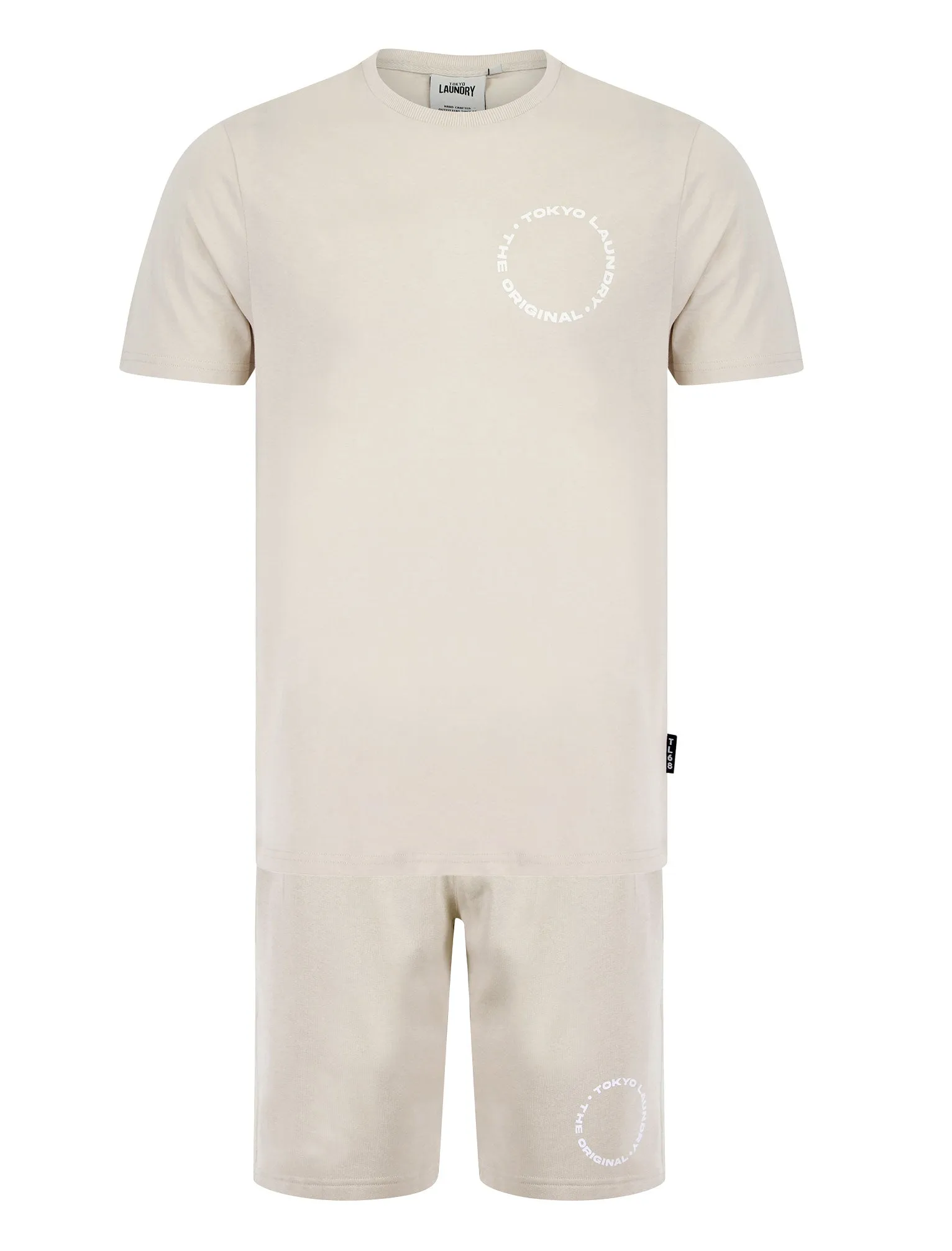 Kade Motif Cotton Crew Neck T-Shirt and Brushback Fleece Jogger Shorts Set in Light Stone - Tokyo Laundry