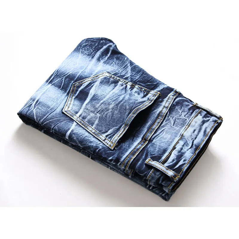 Mid Waisted Jeans Stretchy Casual Straight Pants Men's Ripped Jeans