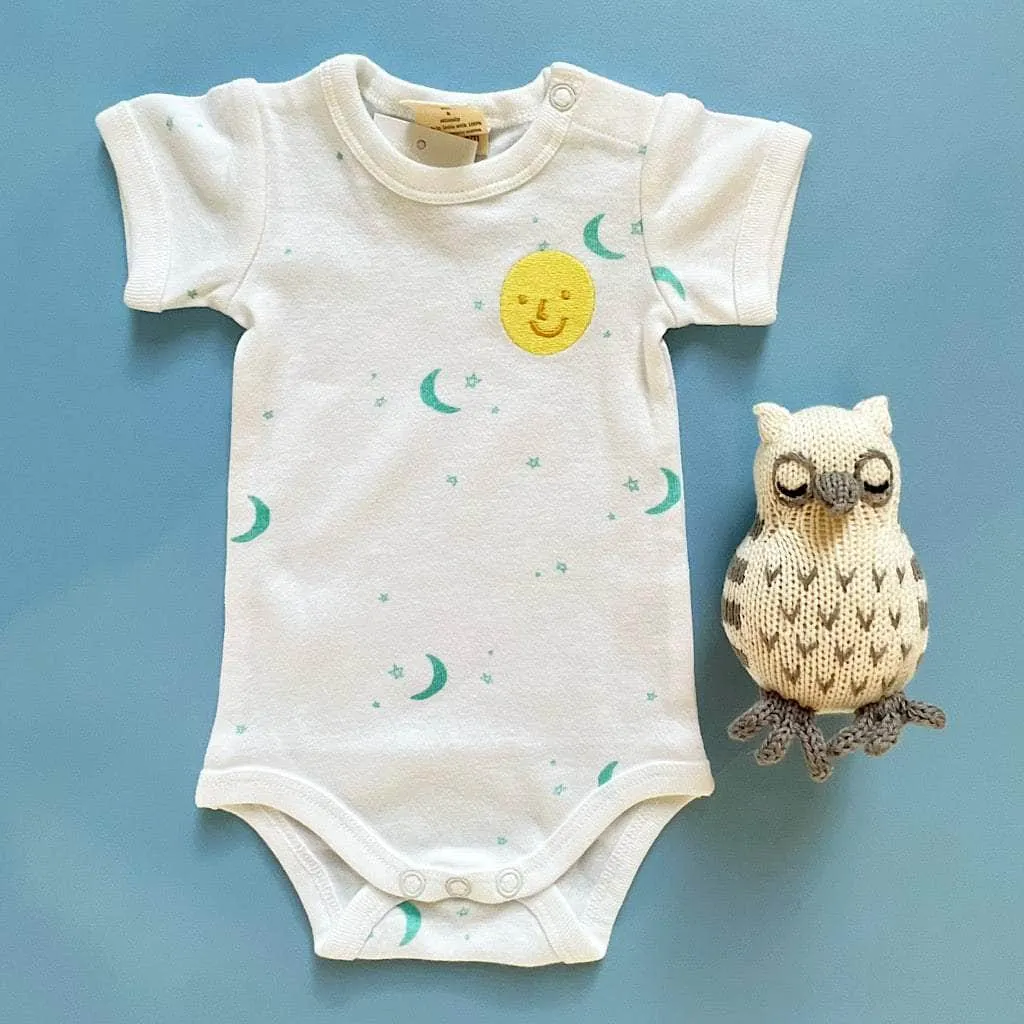 Moon & Stars Organic Baby Onesie & Owl Rattle Set
