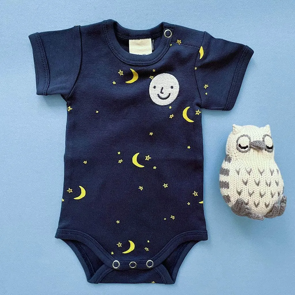 Moon & Stars Organic Baby Onesie & Owl Rattle Set