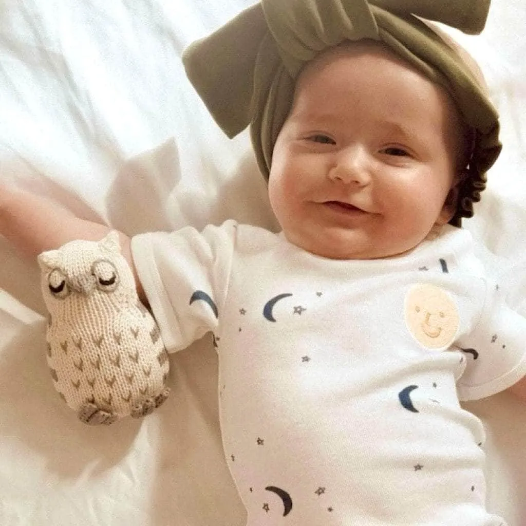 Moon & Stars Organic Baby Onesie & Owl Rattle Set