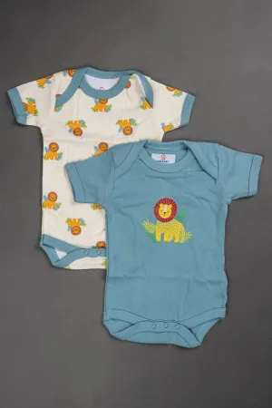 Oh Baby Cotton Interlock Knit Animal Print Halfsleeve Onesies Pack Of - 2 - Blue & Assorted - S202