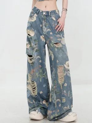 Vintage Printed Ripped Jeans for Women