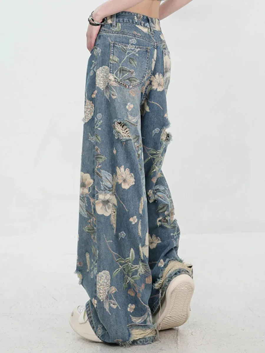 Vintage Printed Ripped Jeans for Women