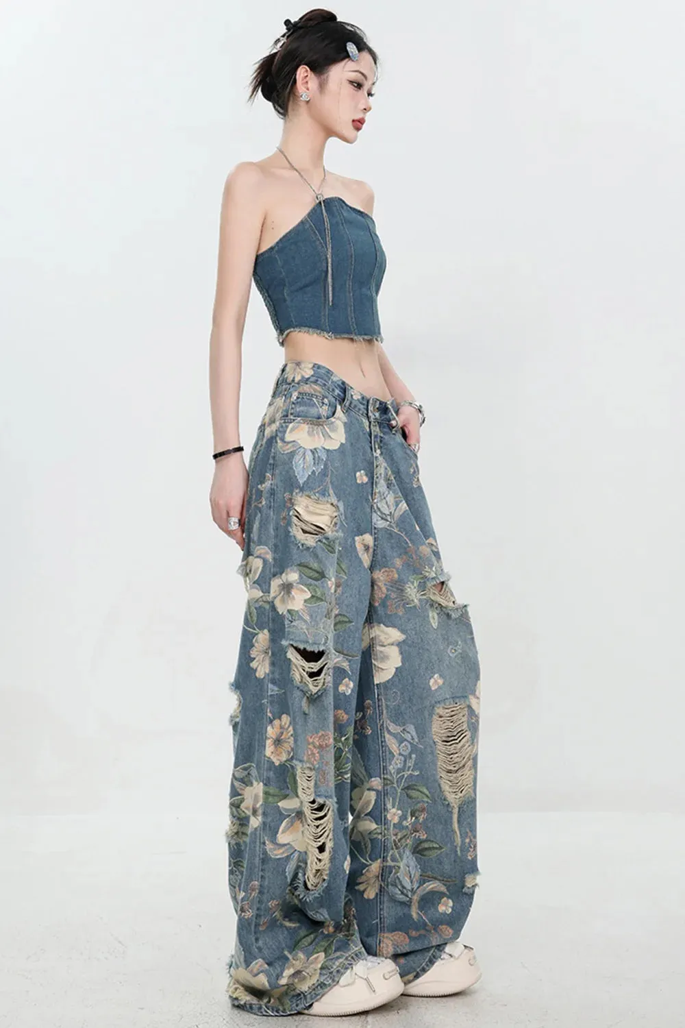 Vintage Printed Ripped Jeans for Women