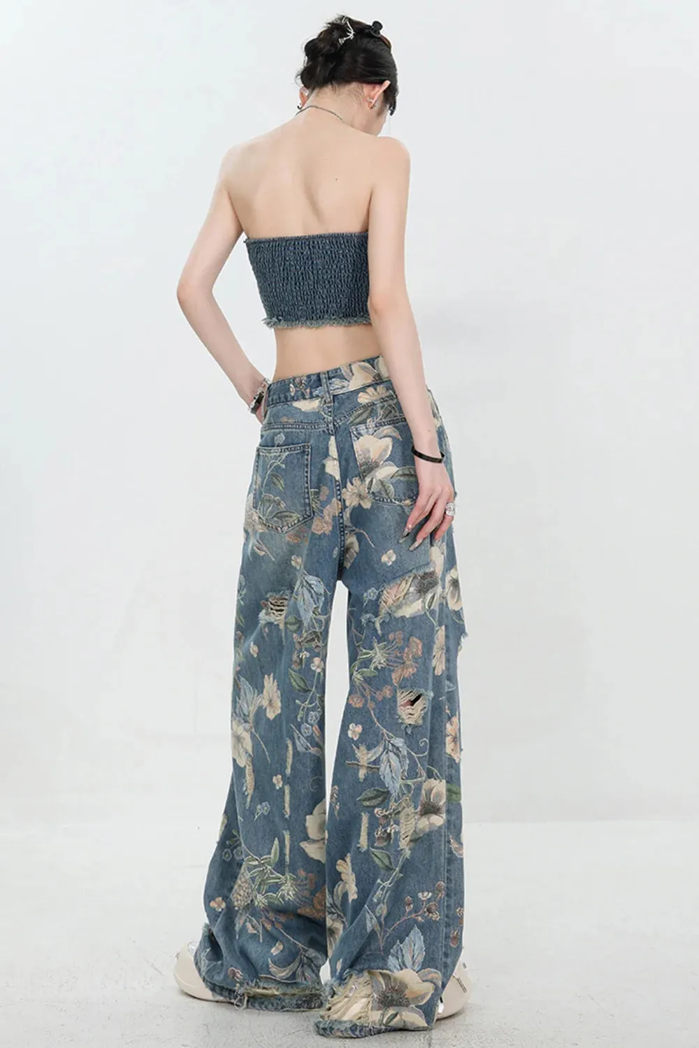 Vintage Printed Ripped Jeans for Women