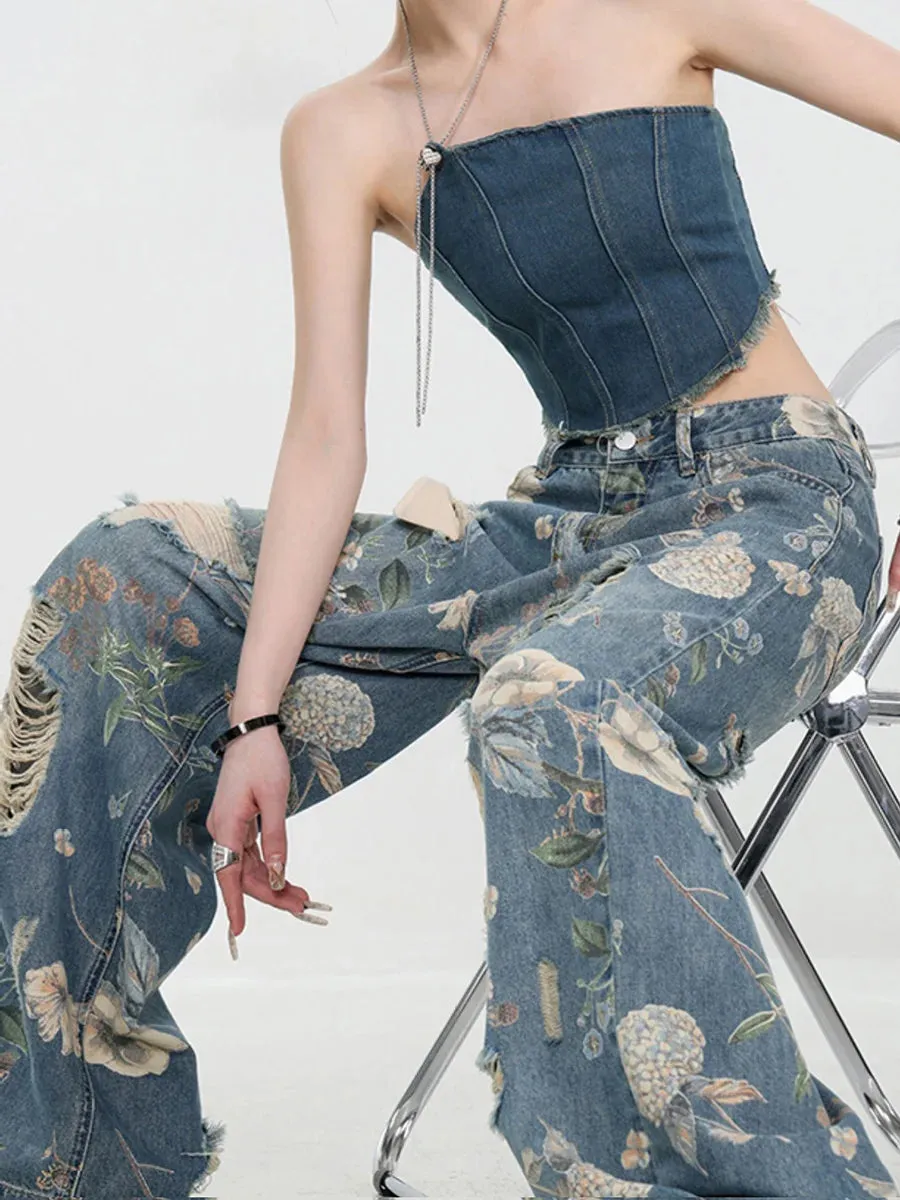 Vintage Printed Ripped Jeans for Women