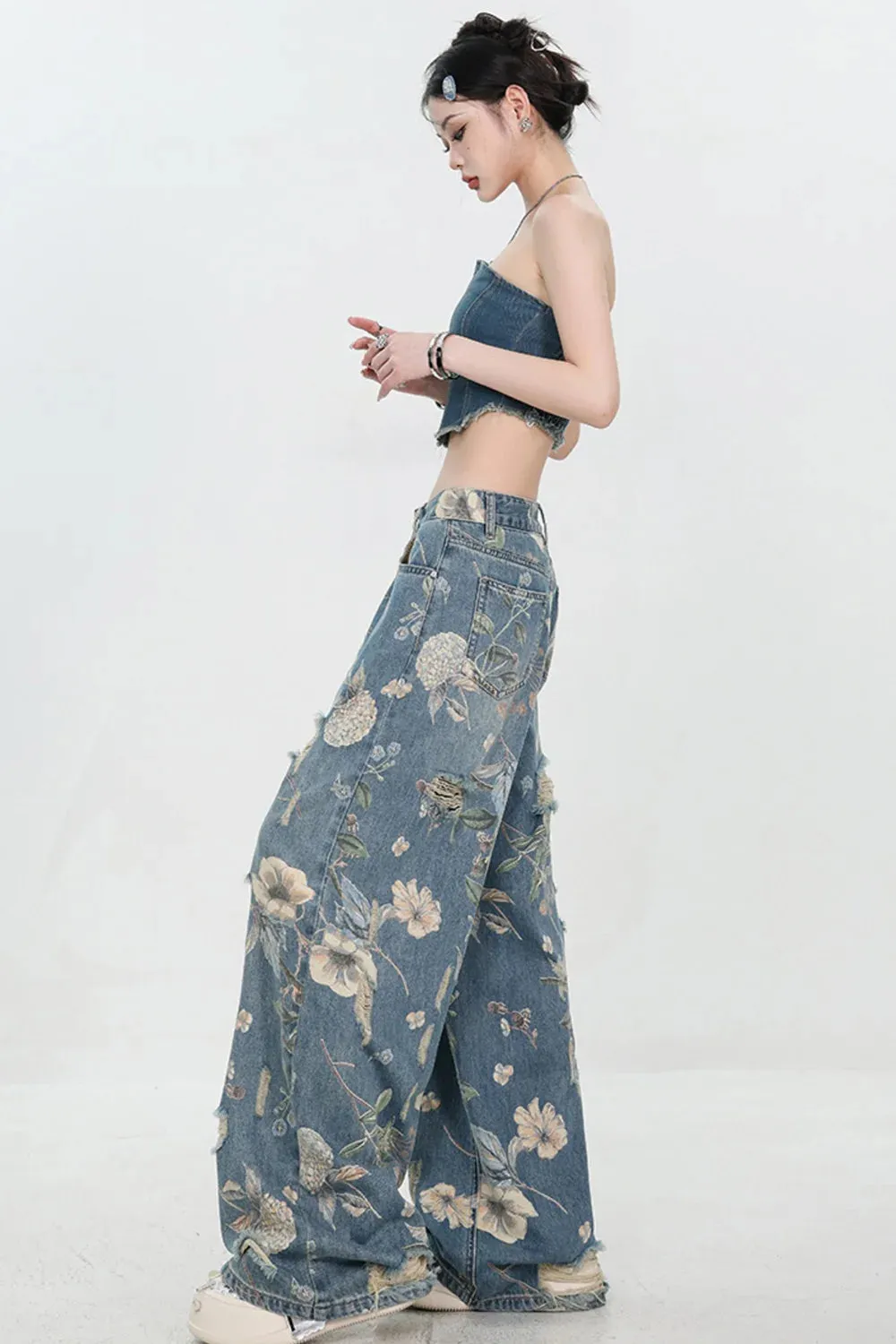 Vintage Printed Ripped Jeans for Women