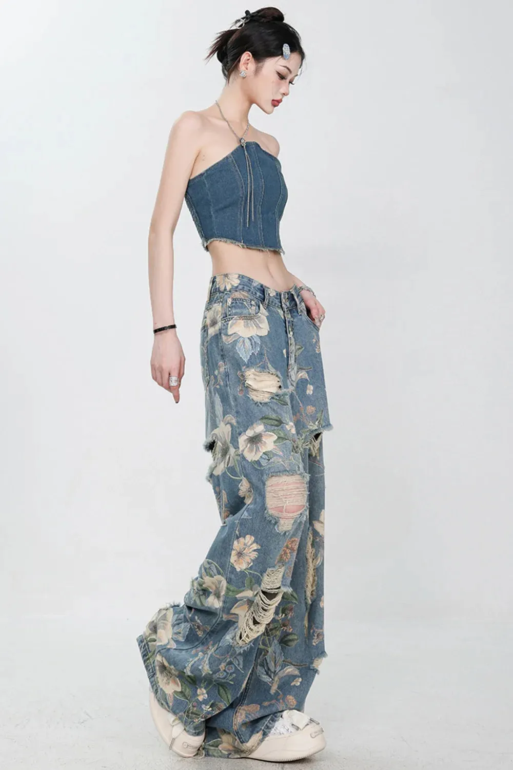 Vintage Printed Ripped Jeans for Women